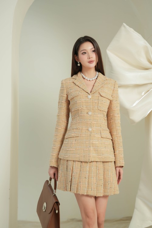 Sixdo Dark Beige Check Midi Tweed Skirt